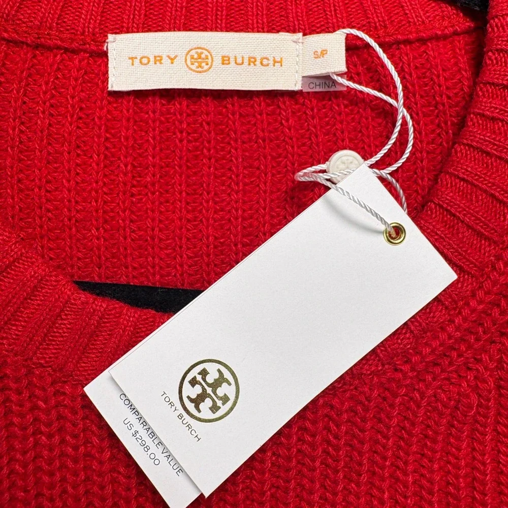 Tory Burch Sweater Womens S Red Kennedy Wool Cashmere Ribbed Knit Holiday NEW